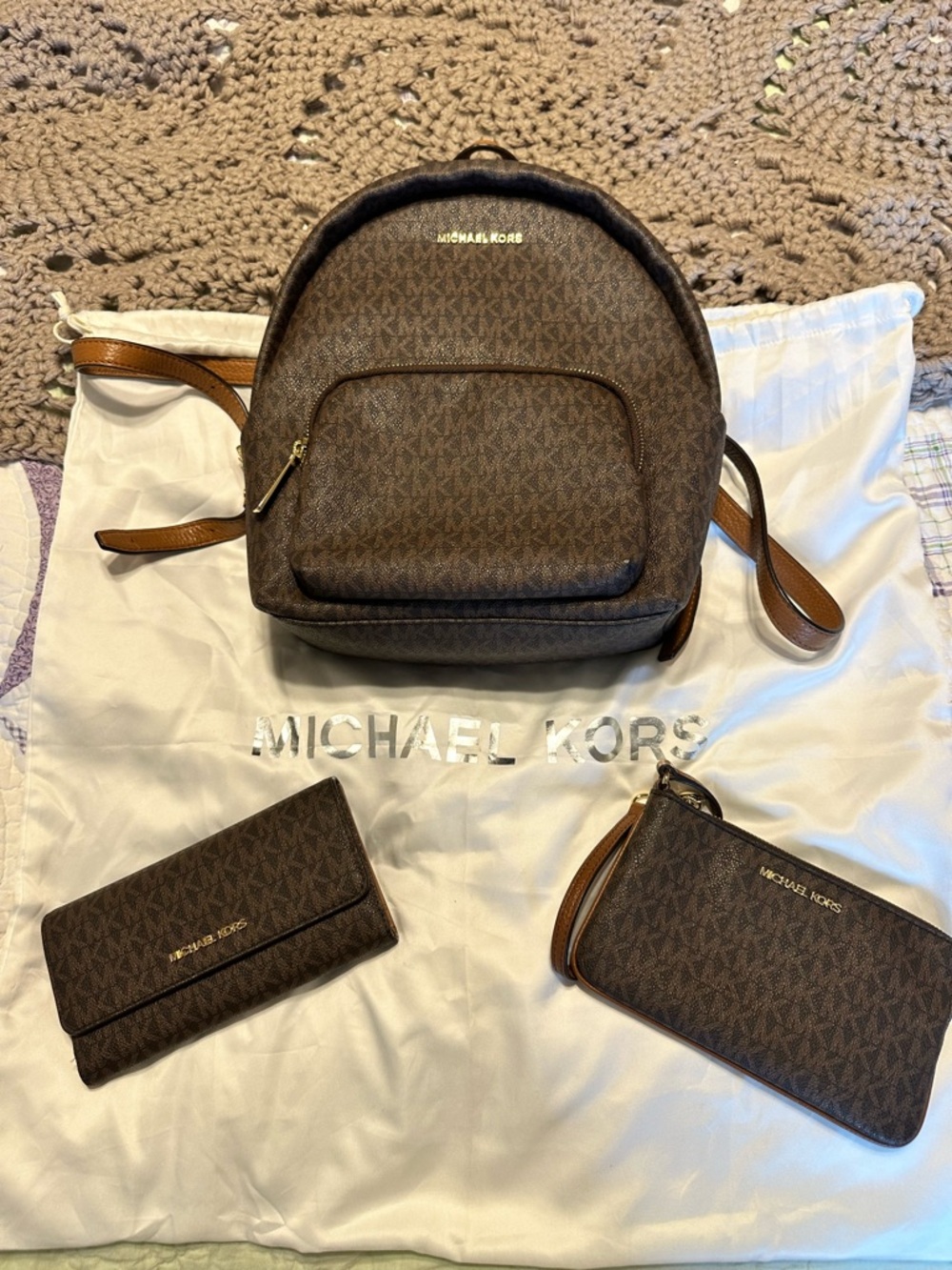 Michael Kors Brown Monogram Backpack with Matching Wallets